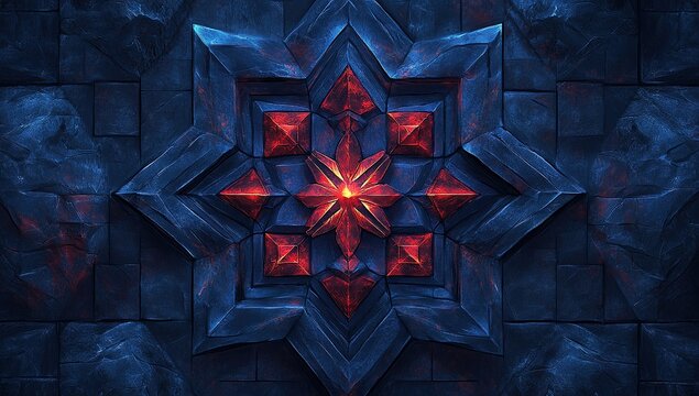 A dark blue and red stone wall background with symmetrical geometric patterns, featuring the symbol of the Horde from World of Warcraft. The design includes glowing effects