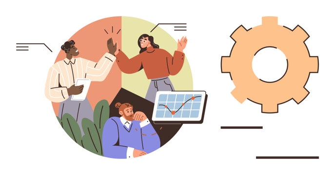 Team members exchanging high-five, colleague analyzing chart with upward trend, backdrop of plants and gear. Ideal for teamwork, growth, success, strategy, collaboration productivity motivation. A