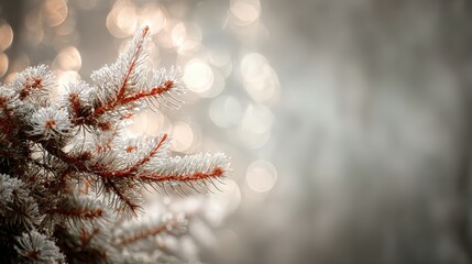 Frost covered evergreen branches show fine details against a soft, bright background