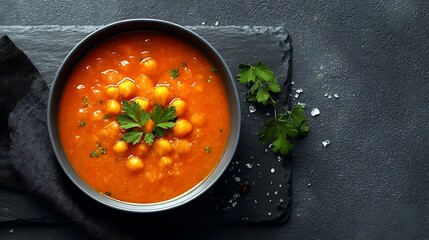Overhead view of a bowl of chickpea soup garnished with parsley on a dark background surface