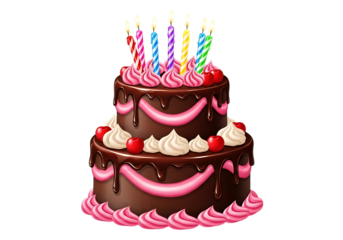 Delicious two tier chocolate birthday cake with candles on black background
