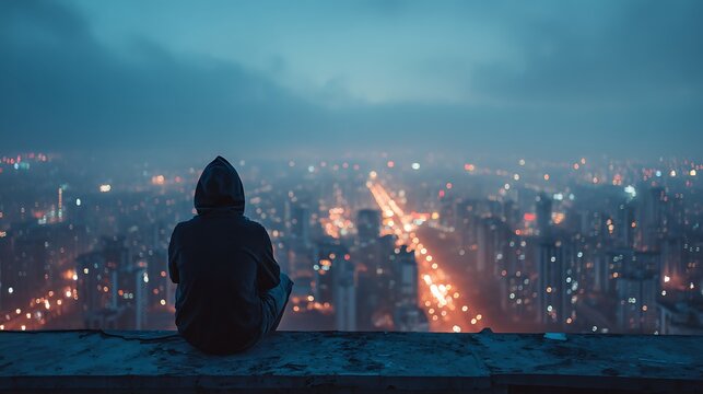 Person in hoodie sitting on rooftop edge overlooking city lights at night in a contemplative mood