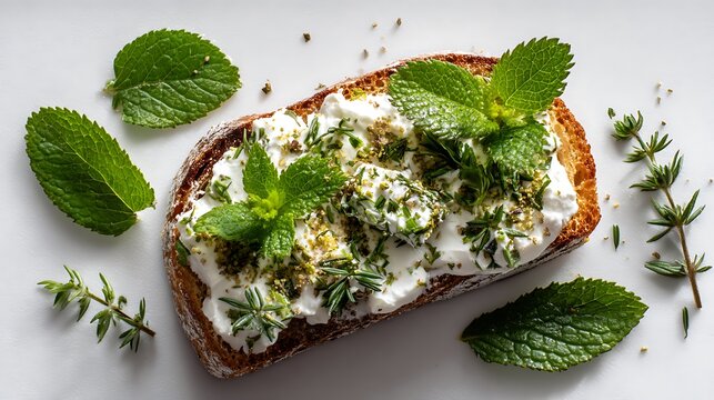 A slice of bread topped with cream cheese and fresh herbs arranged on a white surface nicely