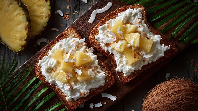 Two slices of toast topped with cream cheese pineapple and coconut flakes on a wooden board