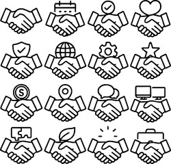 Handshake Icons — 16 Refined Monoline Vectors
