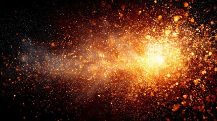 Brilliant explosion of orange and gold particles radiates across a dark background.