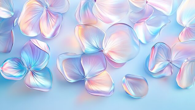 A digital art piece featuring an array of transparent, iridescent glass petals on a light blue background. The translucent petals create a soft and ethereal effect with reflections
