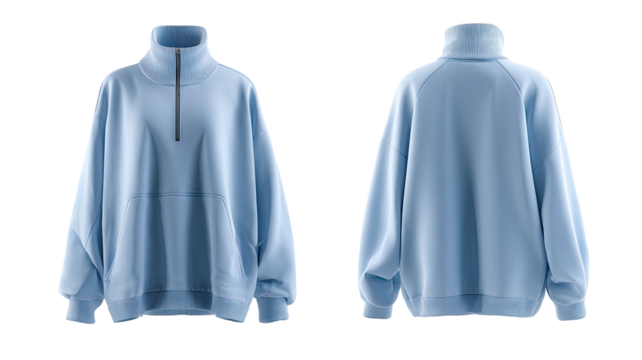 Light blue oversized zipped neck sweatshirt, front and back