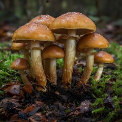 Fototapeta premium Enchanting honey mushrooms glistening with dew drops, a stunning autumn harvest scene perfect for nature lovers and culinary enthusiasts to enjoy