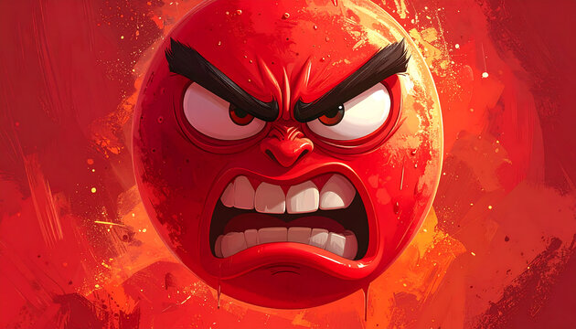 An intensely angry red spherical character with clenched teeth and furrowed brows against a fiery background.