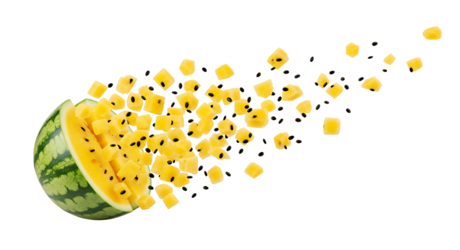 Half of a fresh yellow watermelon bursts into vibrant juicy cubes and flying seeds, isolated on a clean white background