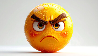 A detailed 3D rendering of a very angry yellow emoji with furrowed brows, flushed cheeks, and a sweaty, wet surface.