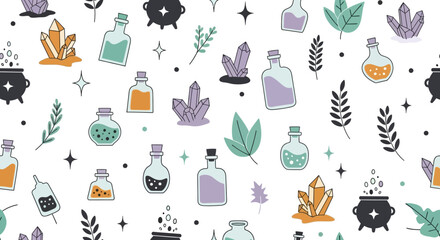 Seamless Pattern of Magical Potions, Crystals, and Botanical Elements