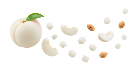White peach slice with a seed core and sugar cubes on an isolated background