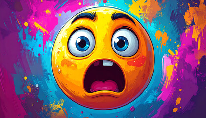 A shocked yellow emoji with wide eyes and an open mouth against a vibrant, colorful paint splash background.