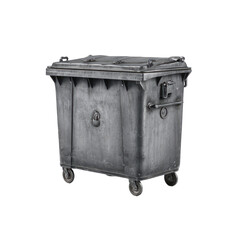 Gray metal dumpster with lid and small wheels