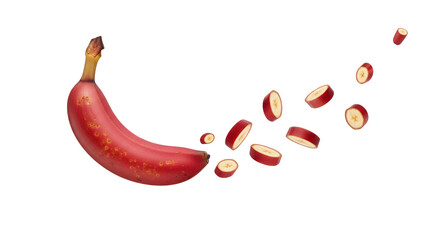 Vibrant Red Banana with Sliced Pieces Floating, Isolated on White Background