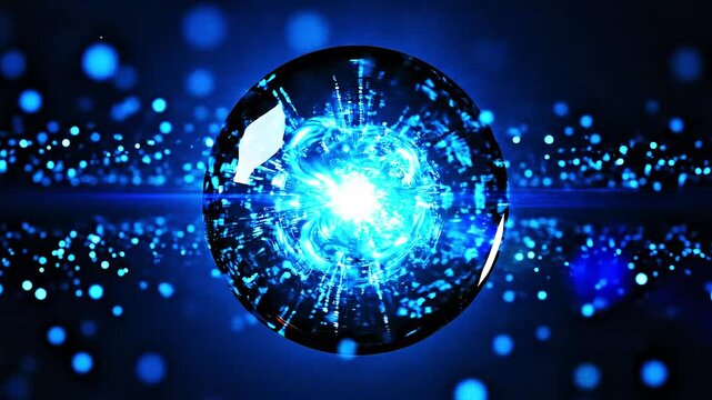 Abstract blue gradient 3d sphere background. Futuristic glass sphere rotating with light reflections and bokeh. Crystall ball and energy orb. Information technology concept, data science, AI. 4k loop 