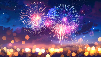 An image showing fireworks exploding in the twilight sky, featuring tones of gold and white. The foreground is dominated by vibrant, out-of-focus city lights.