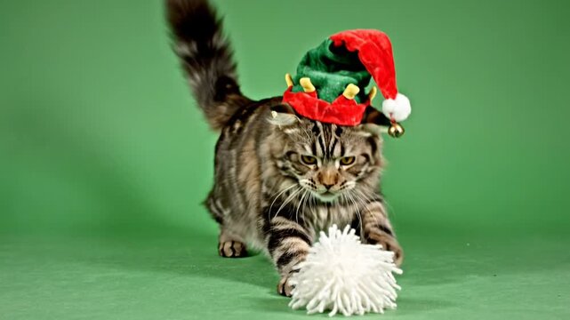 Maine Coon Cat Wearing Elf Hat Chasing Pompom Playing Green Screen Chroma Key Christmas Pet Video
