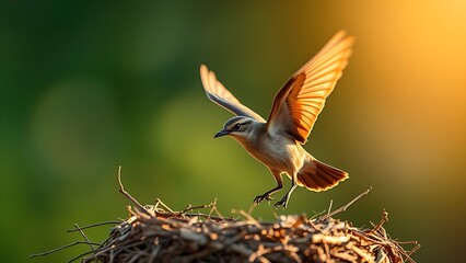phonology. A young bird's first flight from the nest during the golden morning light. wildlife magazines, conservation campaigns, designed for nature documentaries and education.