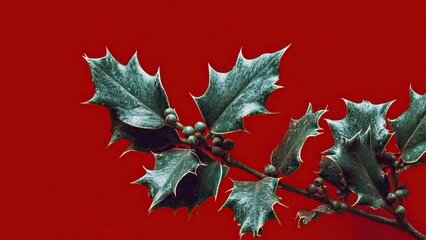 Fototapeta premium Close up of holly branch with green leaves and berries against red background generative ai
