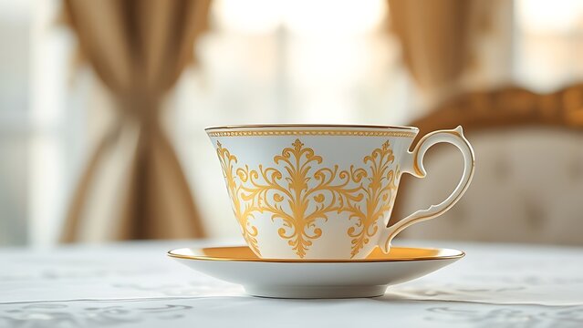 regularizing. Elegant white porcelain teacup with gold filigree patterns, soft window light highlighting delicate details. bar promotions.