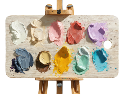Paint palette easel holding color swatches on aged wood