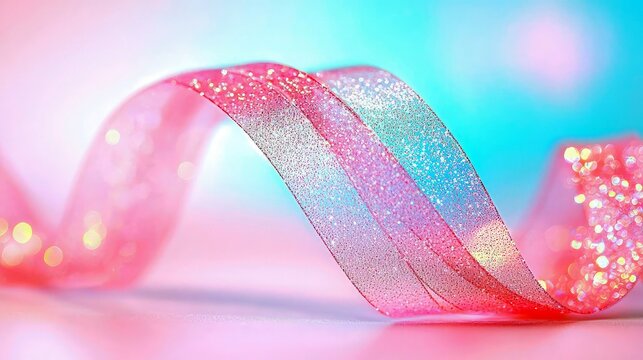 A close-up shot of a wavy, shimmering pink ribbon with glitter, set against a soft, out-of-focus background of pastel blue and pink. - Powered by Adobe