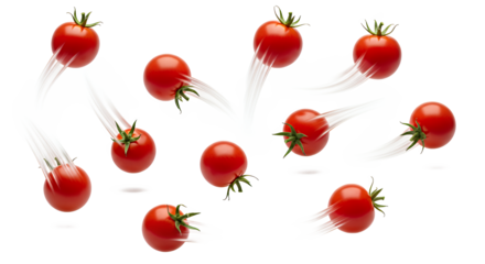 Fresh red ripe tomatoes in dynamic mid-air motion, displaying natural vitality and healthy appeal as they fall, bounce, and float against a pristine white backdrop