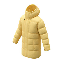 Puffy yellow hooded winter coat on a dark background
