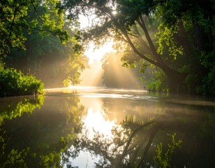 Fototapeta premium Sun rays stream through trees and reflect on a calm river