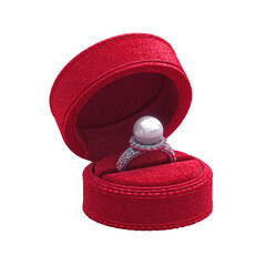 Pearl ring in a red velvet box
