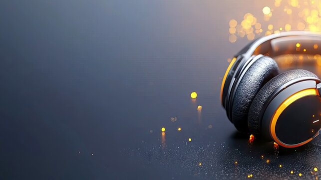 A pair of black and orange over-ear headphones rests on a dark, reflective surface, illuminated by soft, out-of-focus golden lights.