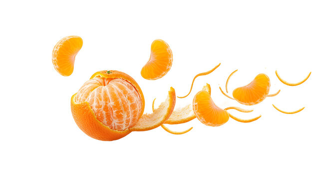 Fresh peeled mandarin orange slices floating in an arrangement on white