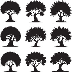 Set of nine distinct tree silhouettes, natural flora vector icons