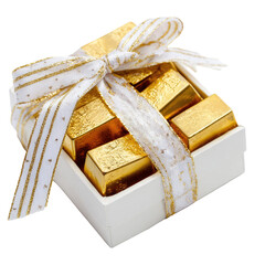 Gold bar stacks in box, white bow, golden highlights.
