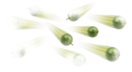 Fresh green fruit suspended in dynamic motion with captivating blur, creating an energetic and vibrant visual on a clean white background, ideal for healthy lifestyle and food themes