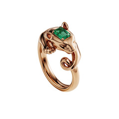 Gold jaguar ring with emerald, black background