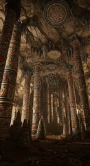 Intricate pillars and cave interior with detailed carvings and dramatic lighting