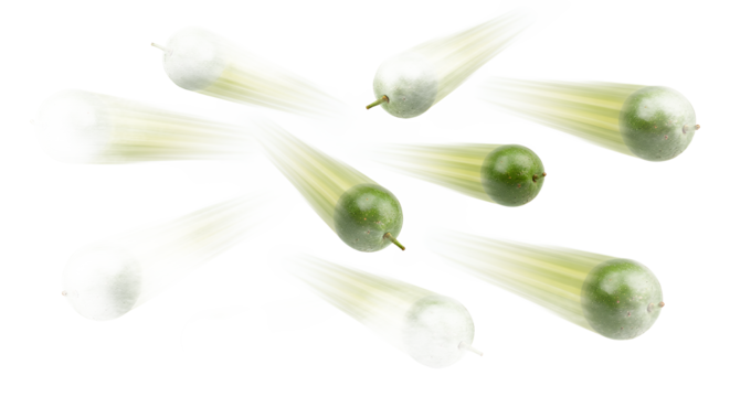 Fresh green fruit suspended in dynamic motion with captivating blur, creating an energetic and vibrant visual on a clean white background, ideal for healthy lifestyle and food themes