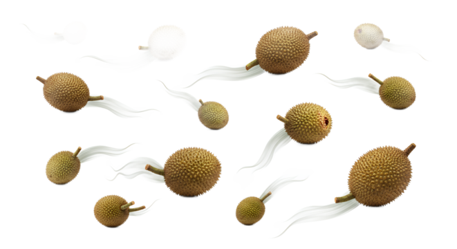 A swarm of fertile, fuzzy seed pods, each trailing a comet-like tail, are seen in mid-flight, representing growth and reproduction in nature's cycle