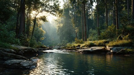 Obraz premium A low-angle view of a forest stream with sunlight dancing on the water and lush foliage on the banks