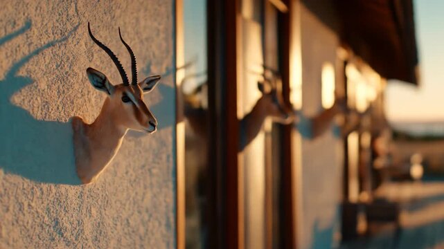 Wildlife trophy wall mounts on a building facade bathed in golden hour light