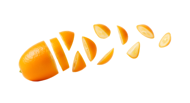 Dynamic Visual of a Whole Kumquat Fruit alongside its Artfully Sliced Segments, Captured Mid-Air against a Pure White Backdrop, Emphasizing Freshness and Citrus Appeal
