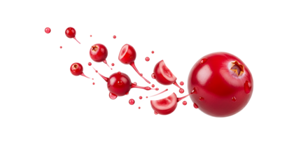 Juicy red cranberries exploding into small pieces with splashing juice against a white background
