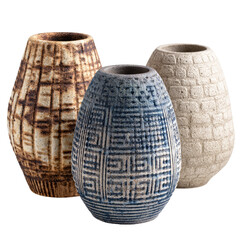 Three patterned vases, different textures and colors