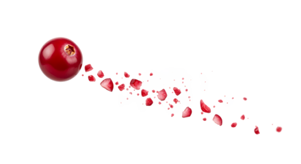 Ripe red cranberry bursting into a cascade of juicy fragments, isolated on a pristine white background for a fresh concept