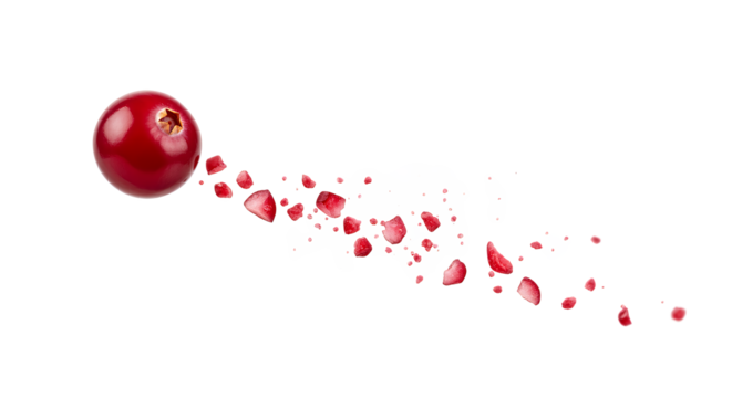 Ripe red cranberry bursting into a cascade of juicy fragments, isolated on a pristine white background for a fresh concept