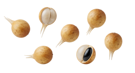 Collection of dried longan fruits, showcasing textures and interior seeds